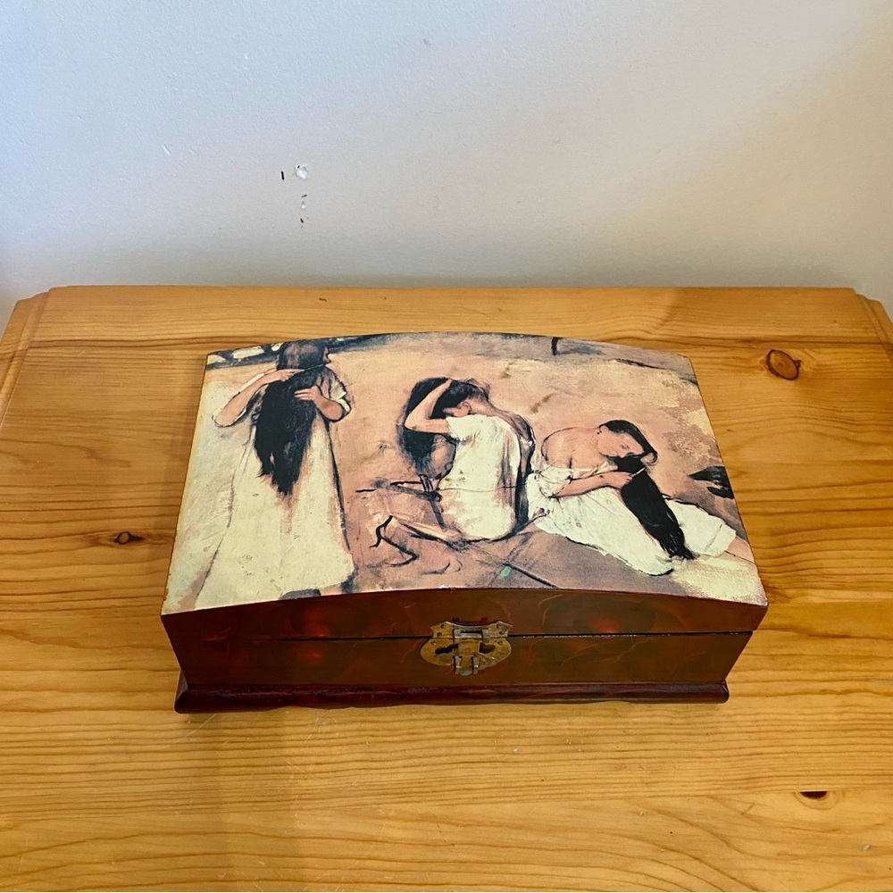 Vintage Wood Jewelry Box Degas Woman Combing Their Hair Painting Retro Velvet